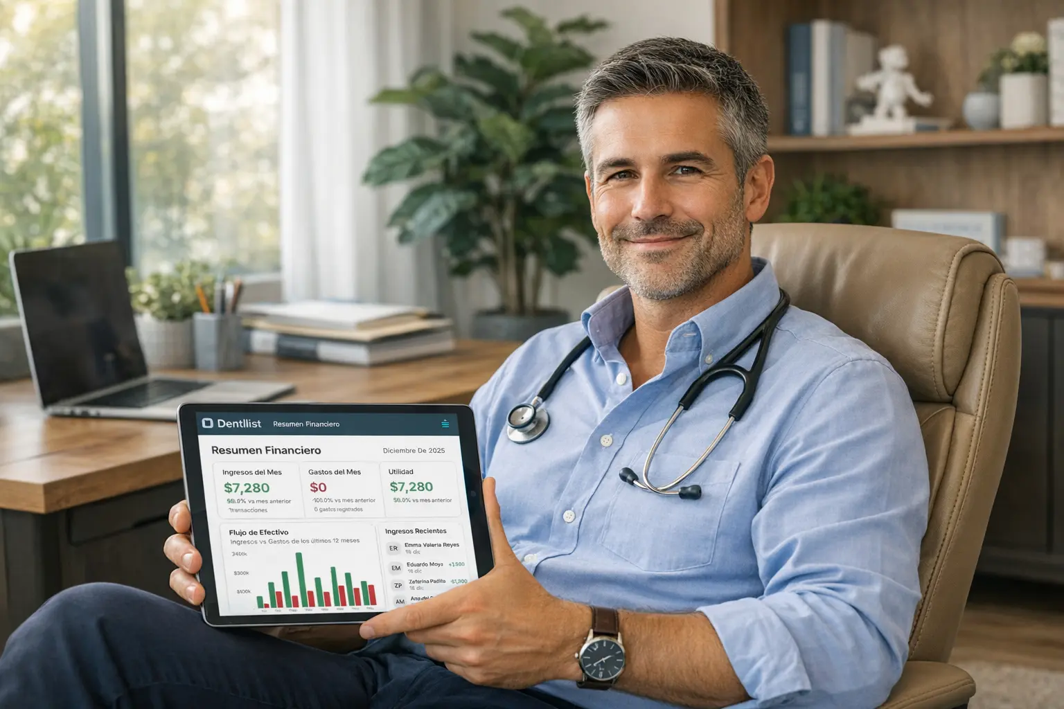 Doctor revisando dashboard financiero en su clínica