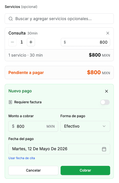 Diálogo de cita con cobro integrado