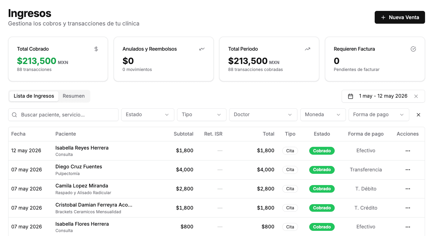 Tabla de ingresos con filtros