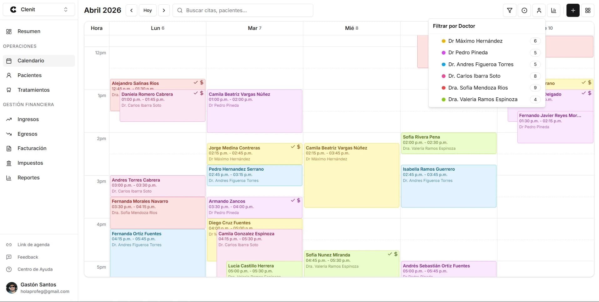 Calendario de citas de Clenit con vista semanal